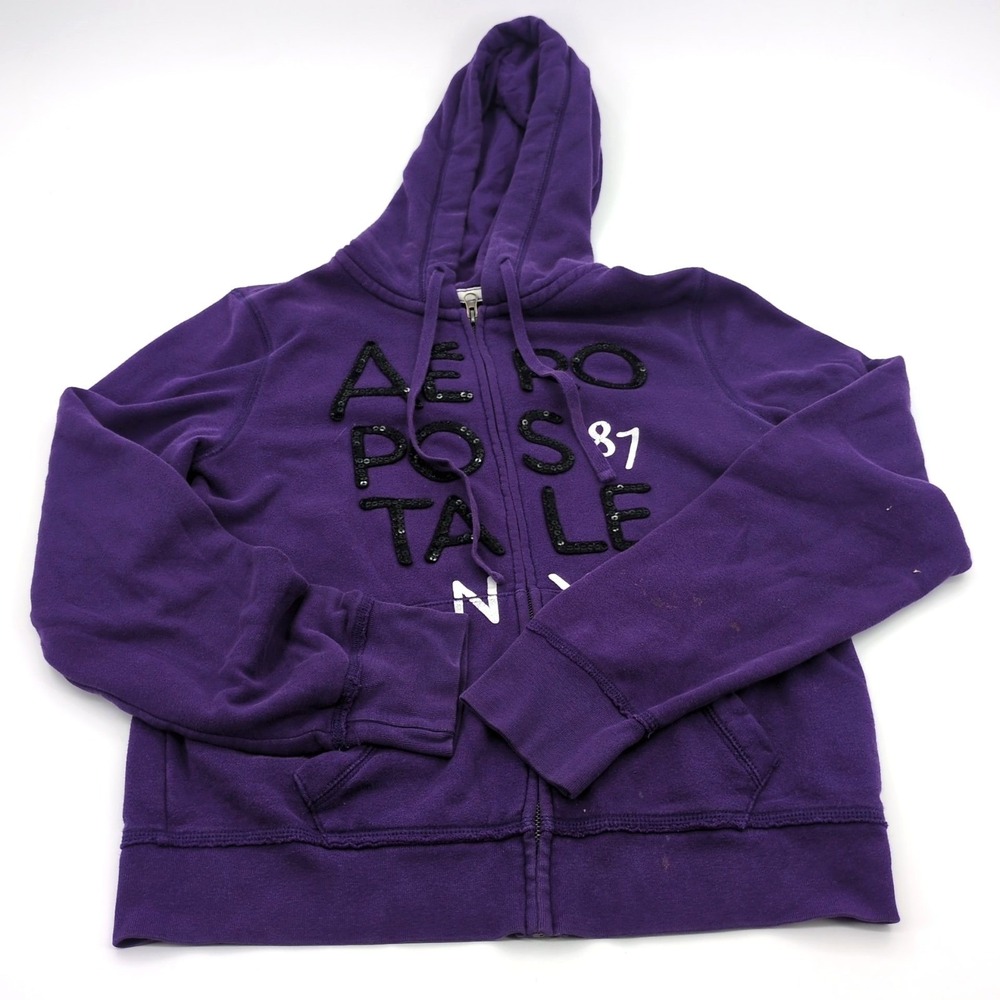 Aeropostale Womens Full Zip Hoodie Size Large Purple Sequined Logo Sweatshirt NY